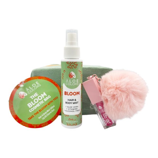 The Bloom Cosmetic Bag with Bloom Hair & Body Mist, Lip Oil Charm, and Pom Pom Keychain – Aloe Colors