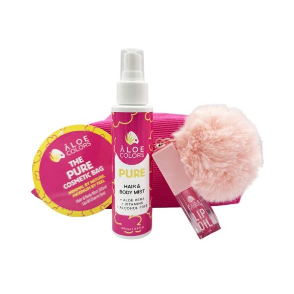 The Pure Cosmetic Bag with Pure Hair & Body Mist, Lip Oil Charm, and Pom Pom Keychain – Aloe Colors