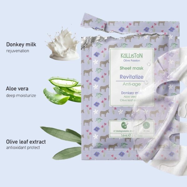 Revitalize & Anti-age Face Sheet Mask w/ Donkey Milk, Aloe Vera & Olive Leaf Extract - Kalliston